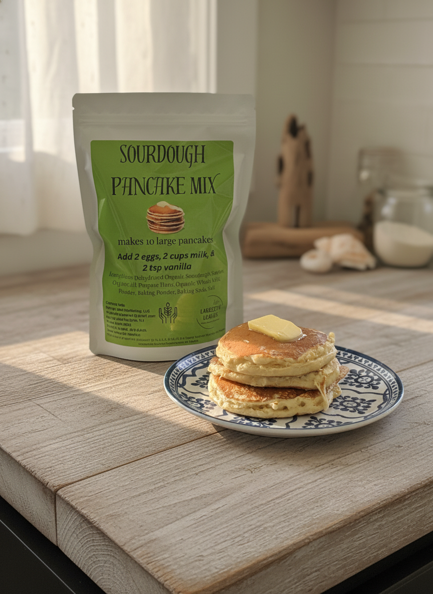 Liz's Shore Stack SourDough Pancake Mix in coastal kitchen setting